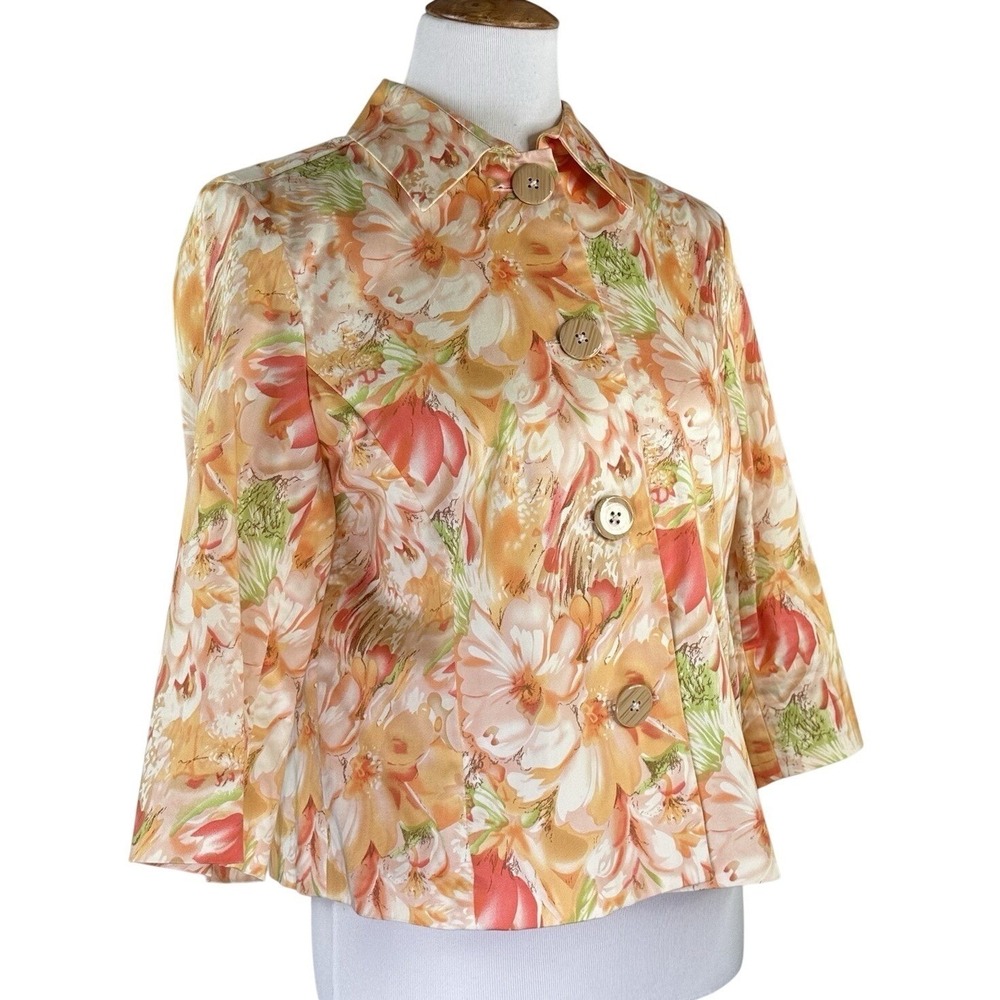 Coldwater‎ Creek Button Blazer Jacket 3/4 Sleeve Orange Floral Stretch Petite M